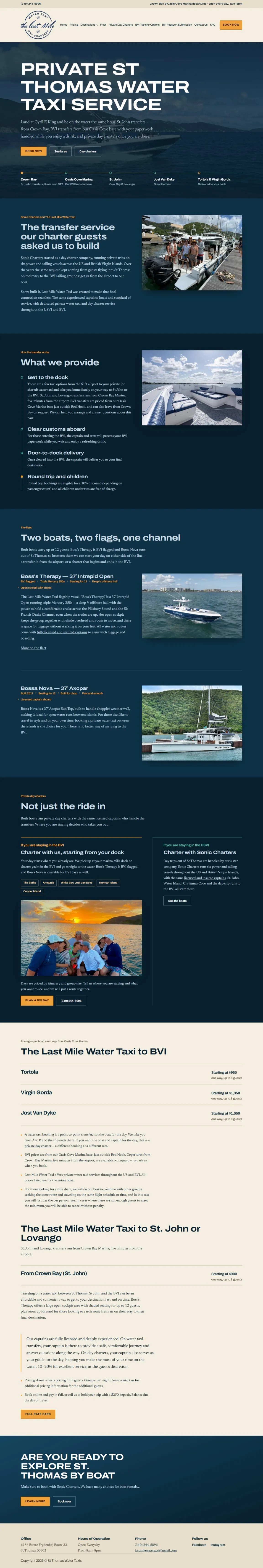St. Thomas Water Taxis website with water taxi destinations, boats, transfer information, and pricing